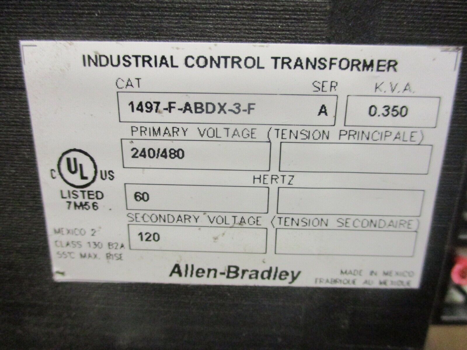 Allen-Bradley Control Transformer 1497-F-ABDX-3-F Ser. A 0.350kVA Pri:240/480V