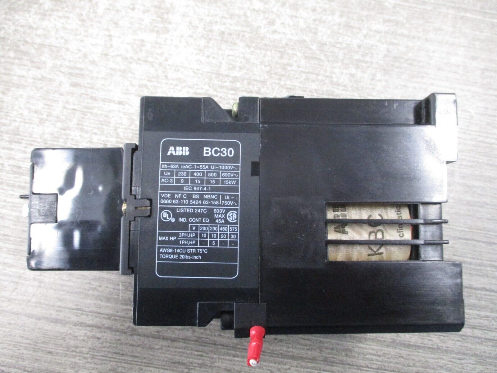 ABB Contactor BC30C 24VDC COIL 45A  600V W/ Aux Contact Block Used