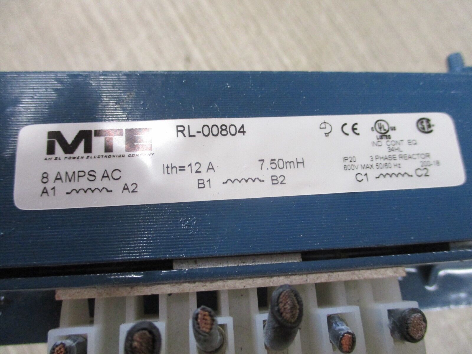 MTE 3Ph Line Reactor RL-00804 7.50 mH 8A 600V 50/60Hz Used