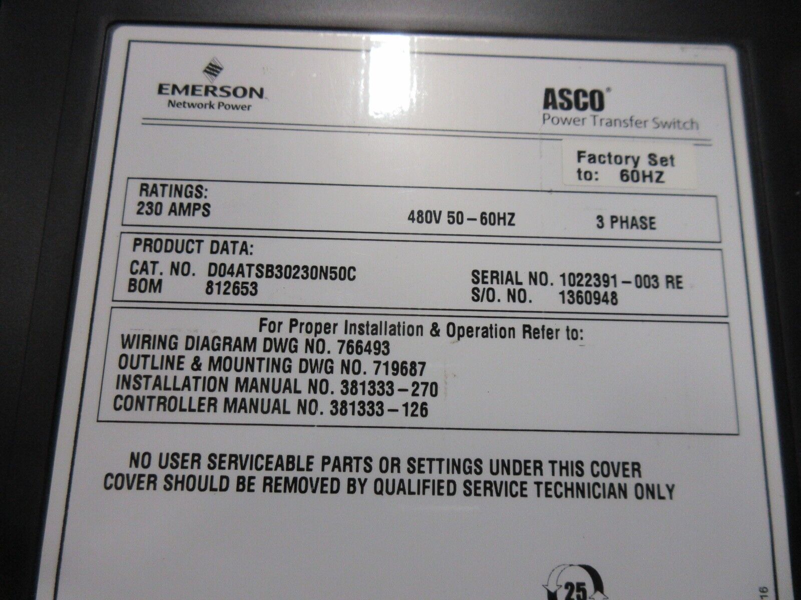 Asco 4000 Series Automatic Transfer Switch D04ATSB30230N50C 230A 480V Used