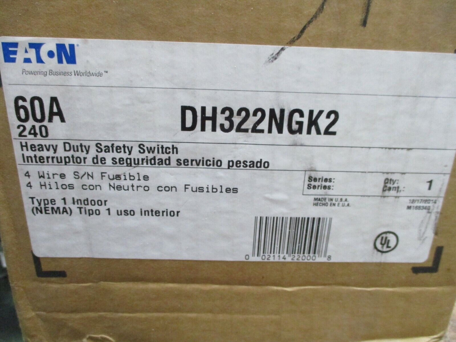 Eaton Fusible 3R Safety Switch/Disconnect DH322NGK2 60A 240V 4W New Surplus