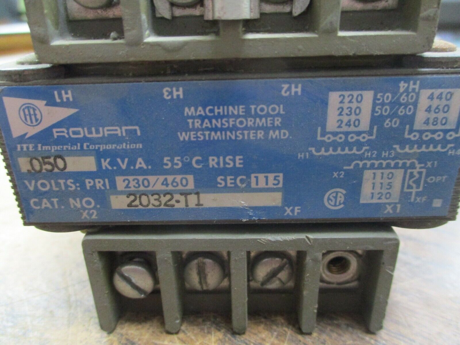 ITE Rowan Transformer 2032-T1 0.050KVA Pri:230/460V Sec:115V Missing Screw Used