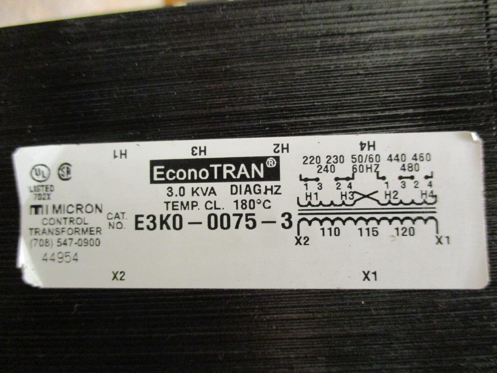 Micron Econotran Control Transformer E3K0-0075-3 Pri: 240/480V Sec: 120V 3.0KVA