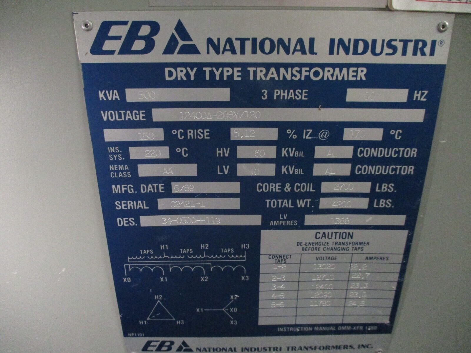 EB National Industri Transformer 34-0500-H119 500kVA Pri: 12.4kV Delta Used