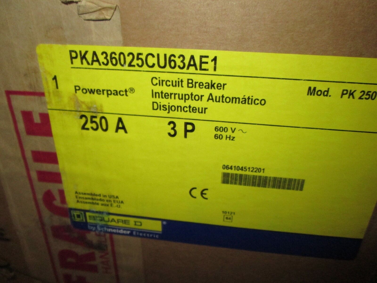 Square D Circuit Breaker PKA36025CU63AE1 250A 600V 3P w/ manual New Surplus