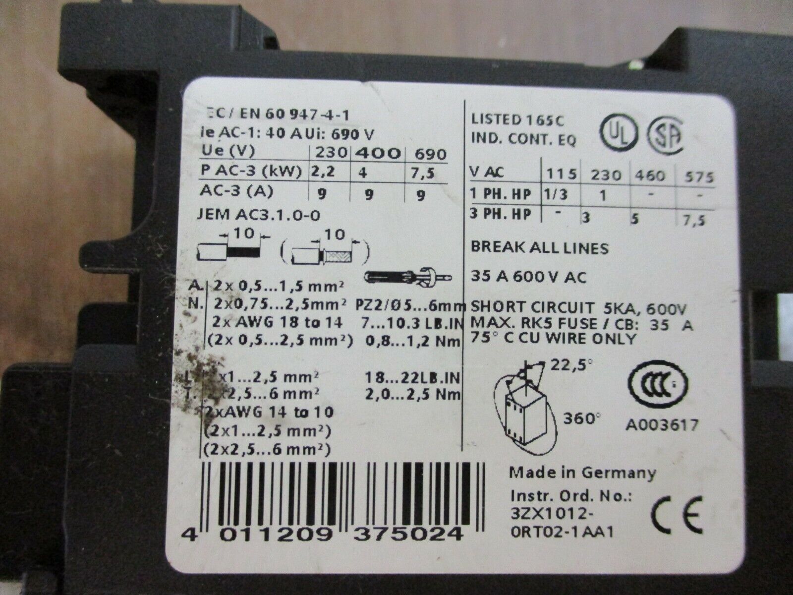 Siemens, Sirius Contactor, Part #: 3RT1023-1A..0, 24V Coil, 35A, 600V, Used