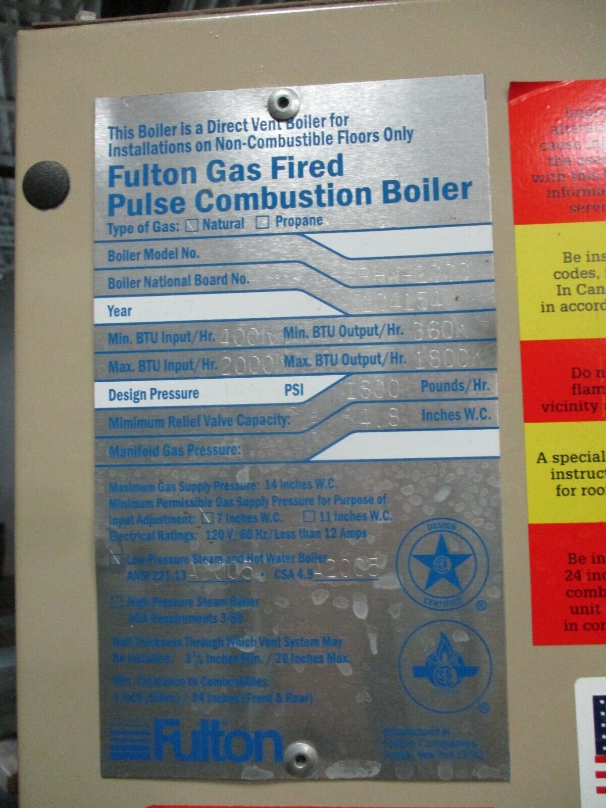 Fulton Pulse Combustion Boiler PHW-2000 2000kBTU In Nat. Gas MFD: 2007 Used