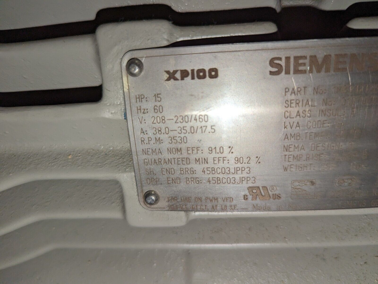 Siemens Motor 1MB21212BA114A63 15HP 3600RPM 208-230/460V 38-35/17.5A 60Hz 3Ph