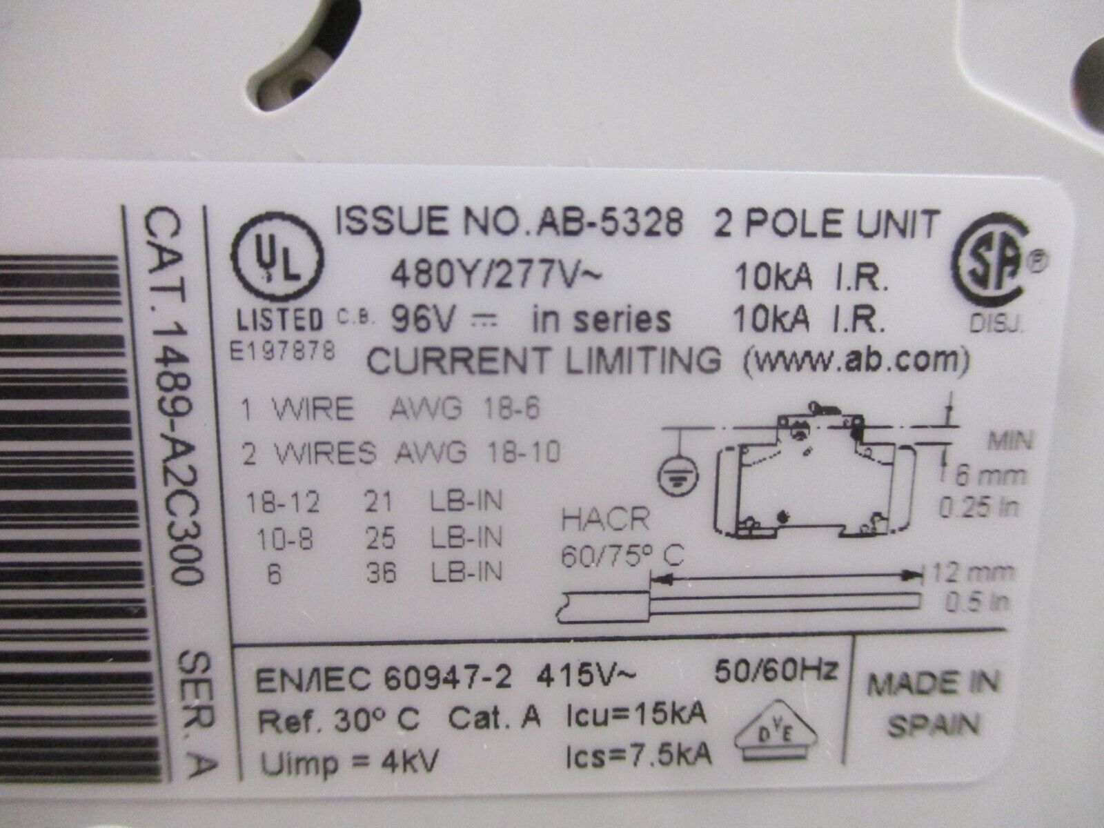 Allen-Bradley Circuit Breaker 1489-A2C300 Ser. A 30A 2P 480y/277V New Surplus