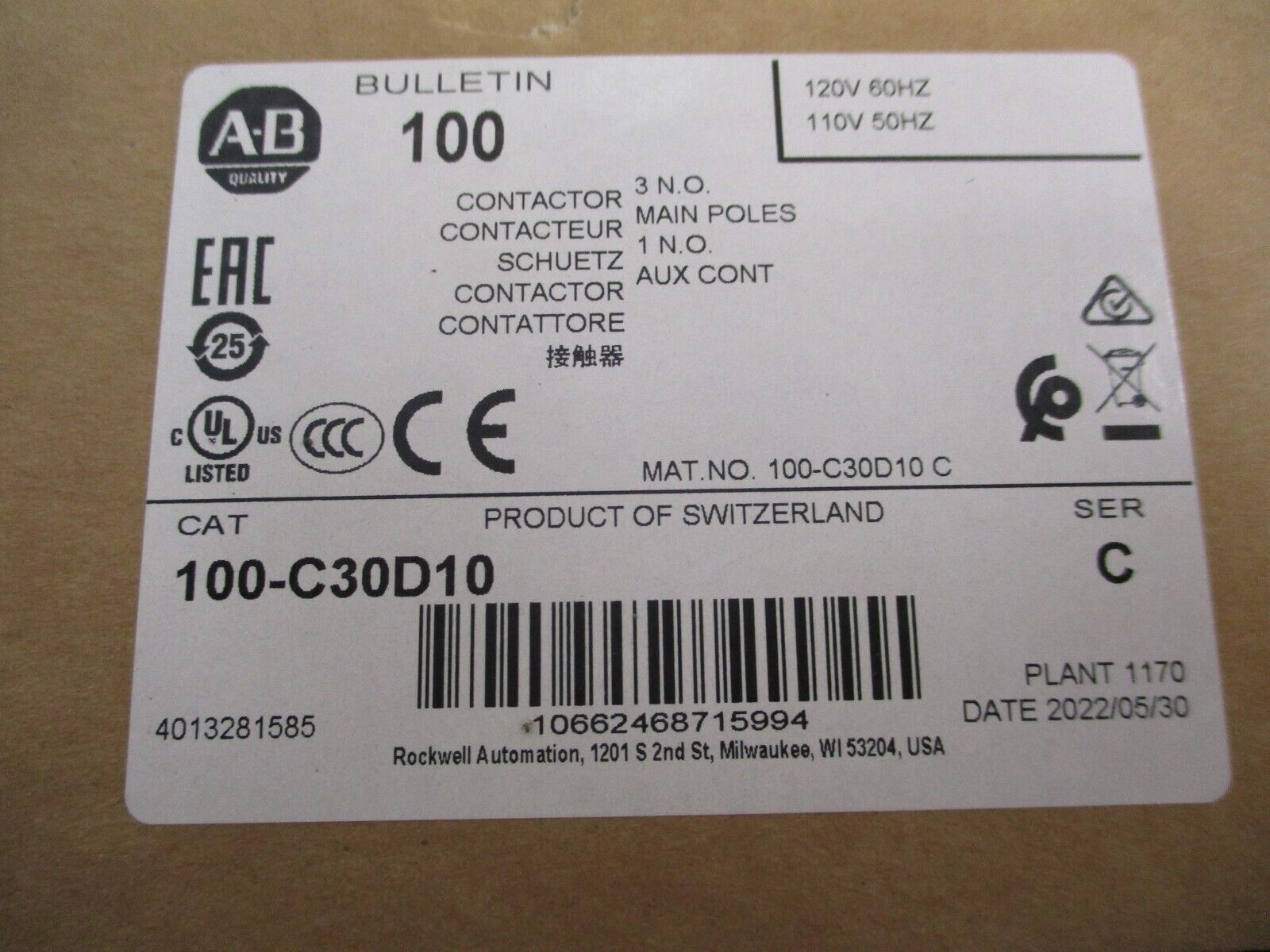 Allen-Bradley Contactor 100-C30D10 Ser. C 120V Coil New Surplus