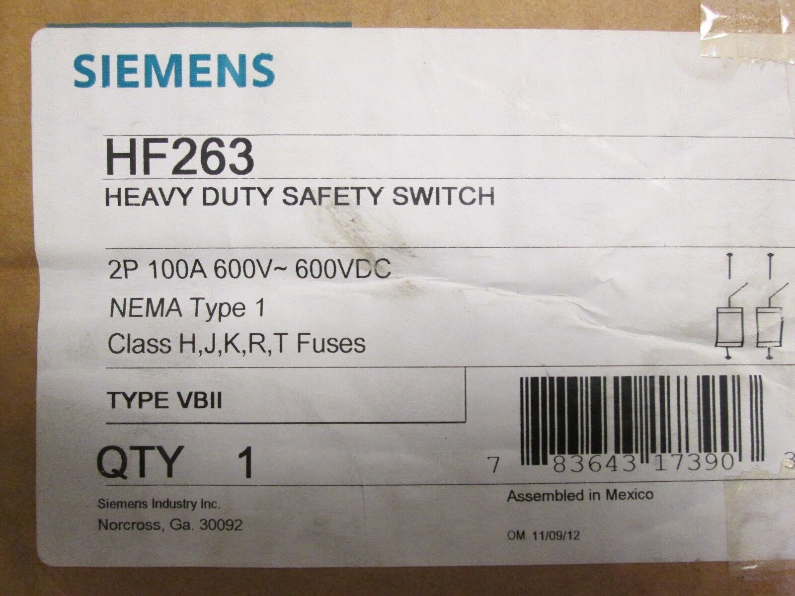 Siemens Fusible Safety Switch HF263 100A 600V 2P New Surplus