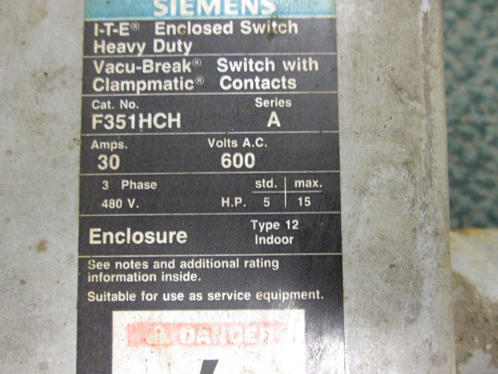 Siemens Fusible Safety Switch F351HCH 30A 600V 3P Nema 12 Enclosure Used