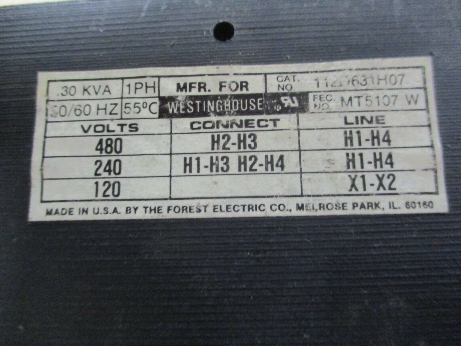 Westinghouse Transformer 112D631H07 0.30KVA Pri:240/480V Sec:120V 50/60z 1Ph