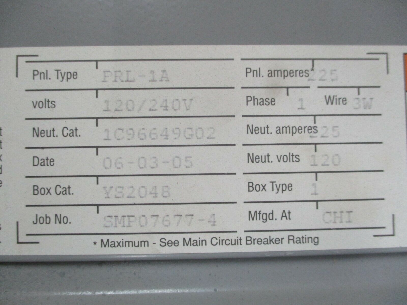 Siemens Main Breaker Interior PRL-1A 225A Max 120/240V 1Ph 3W New Surplus