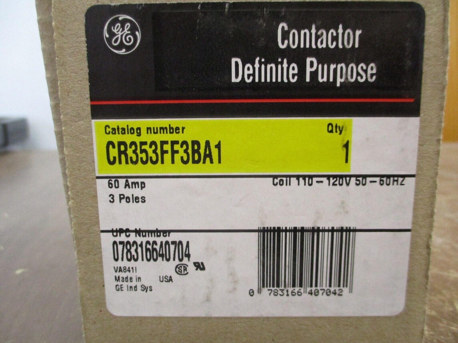 GE Definite Purpose Contactor CR353FF3BA1 110-120V Coil 60A 3P New Surplus