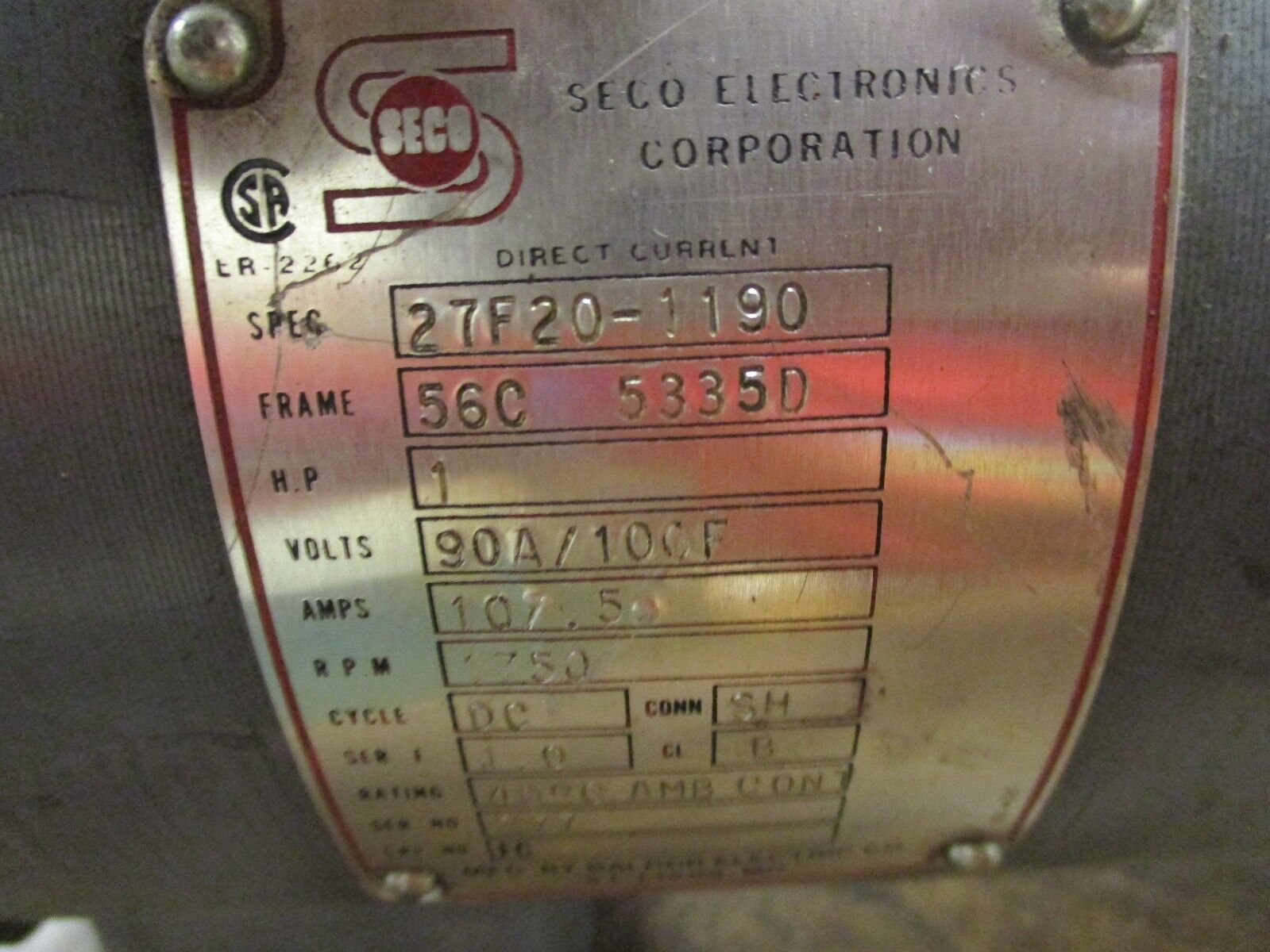 Seco Electronics DC Motor w/ SM-Cyclo 27F20-1190 1HP 1800RPM FR: 56C 107.5A Used