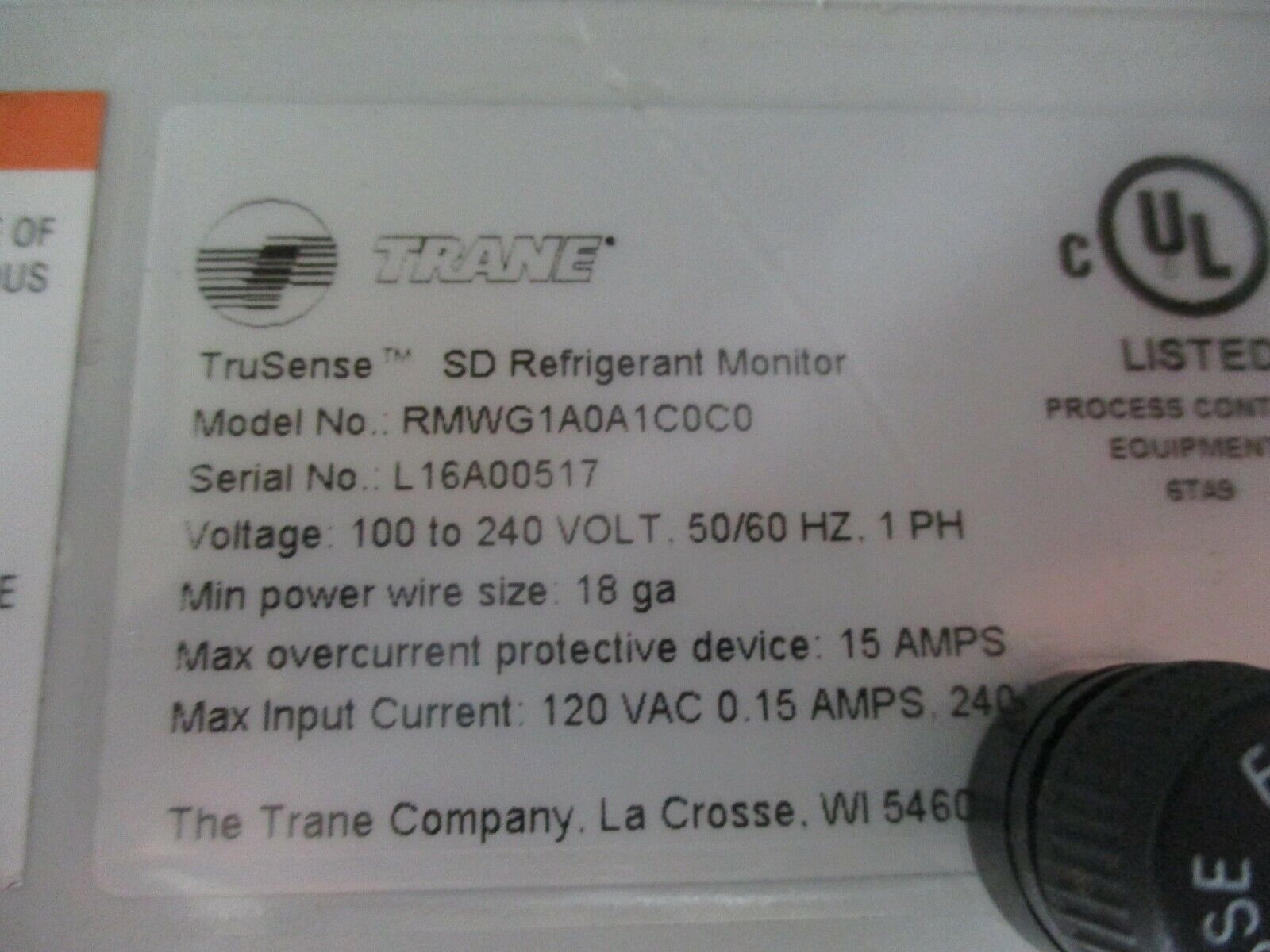 Trane TruSense SD Refrigerant Monitor RMWG1A0A1C0C0 w/ Alarm & Light Used