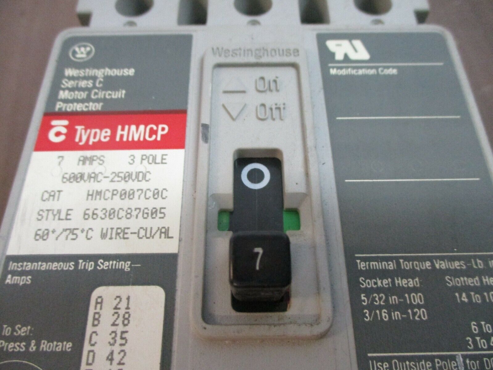 Westinghouse Circuit Breaker HMCP007C0C 7A 600V 3P Used