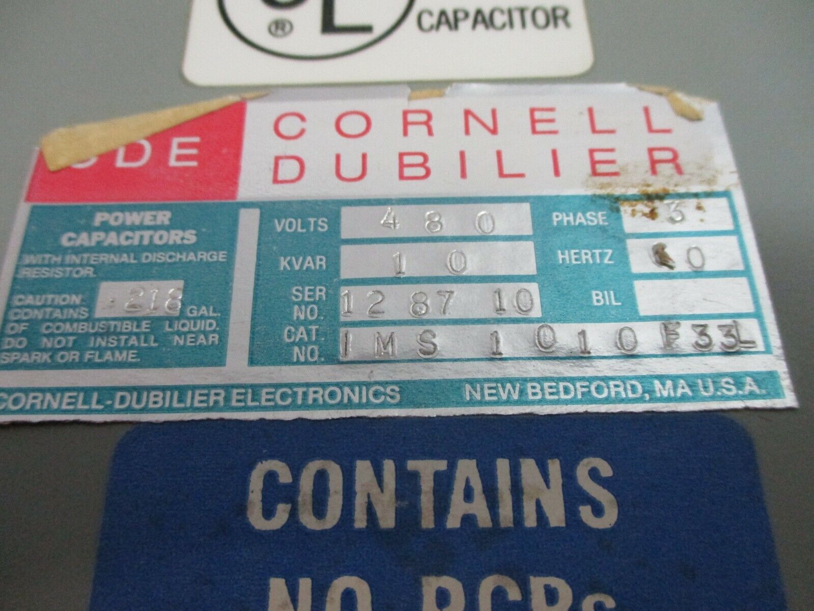 Cornell Dubilier Capacitor IMS1010F33L 10kVAR 480V 3Ph 60Hz Used