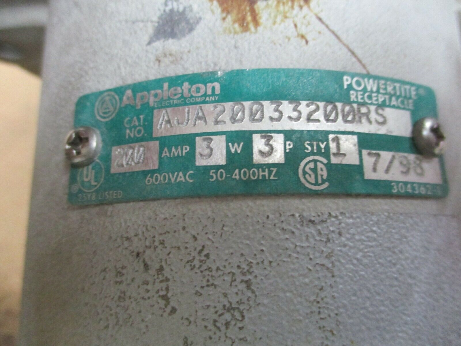 Appleton Powertite Receptacle AJA20033200RS 200A 600V 3W 3P Used