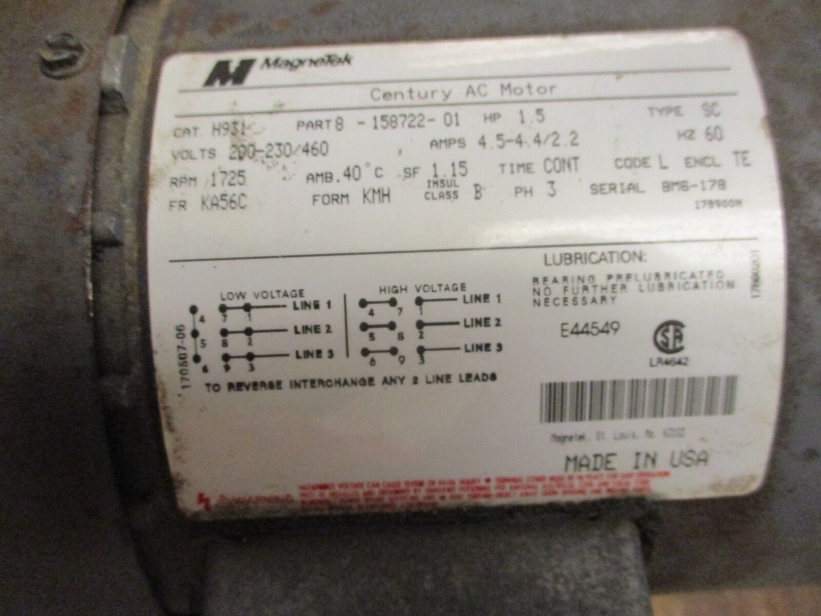 MagneTek H931 AC Motor w/ Gear 8-158722-01 1.5HP 1800RPM FR: KA56C 200-230/460V