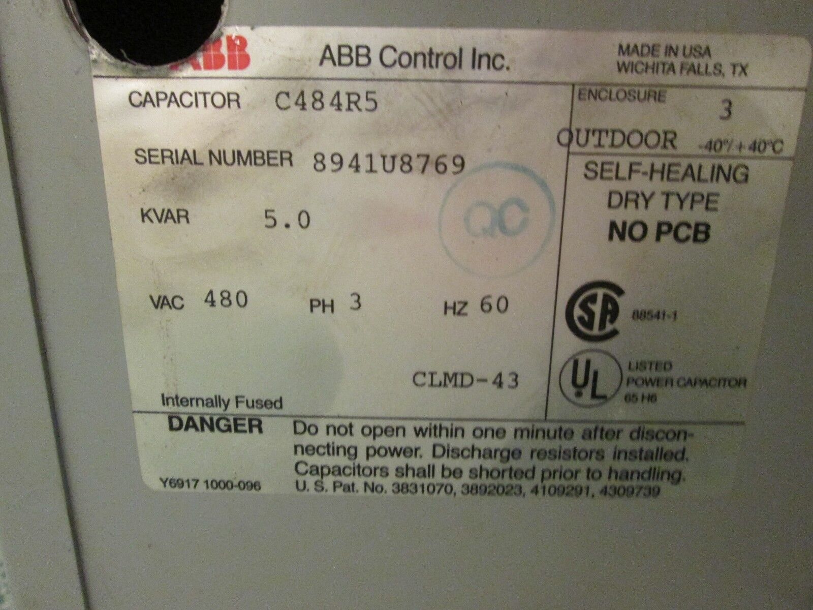 ABB Capacitor C484R5 5KVAR 480VAC 3Ph 60Hz Used