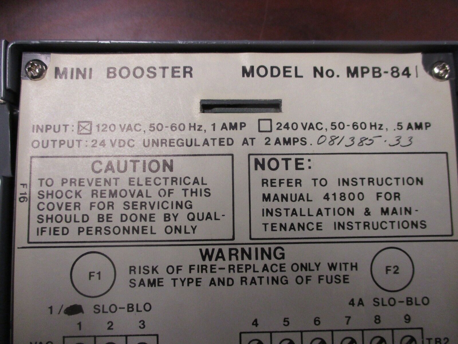 Von Duprin Mini Booster MPB-841 Input: 120VAC 50-60Hz 1A Output: 24VDC 2A Used