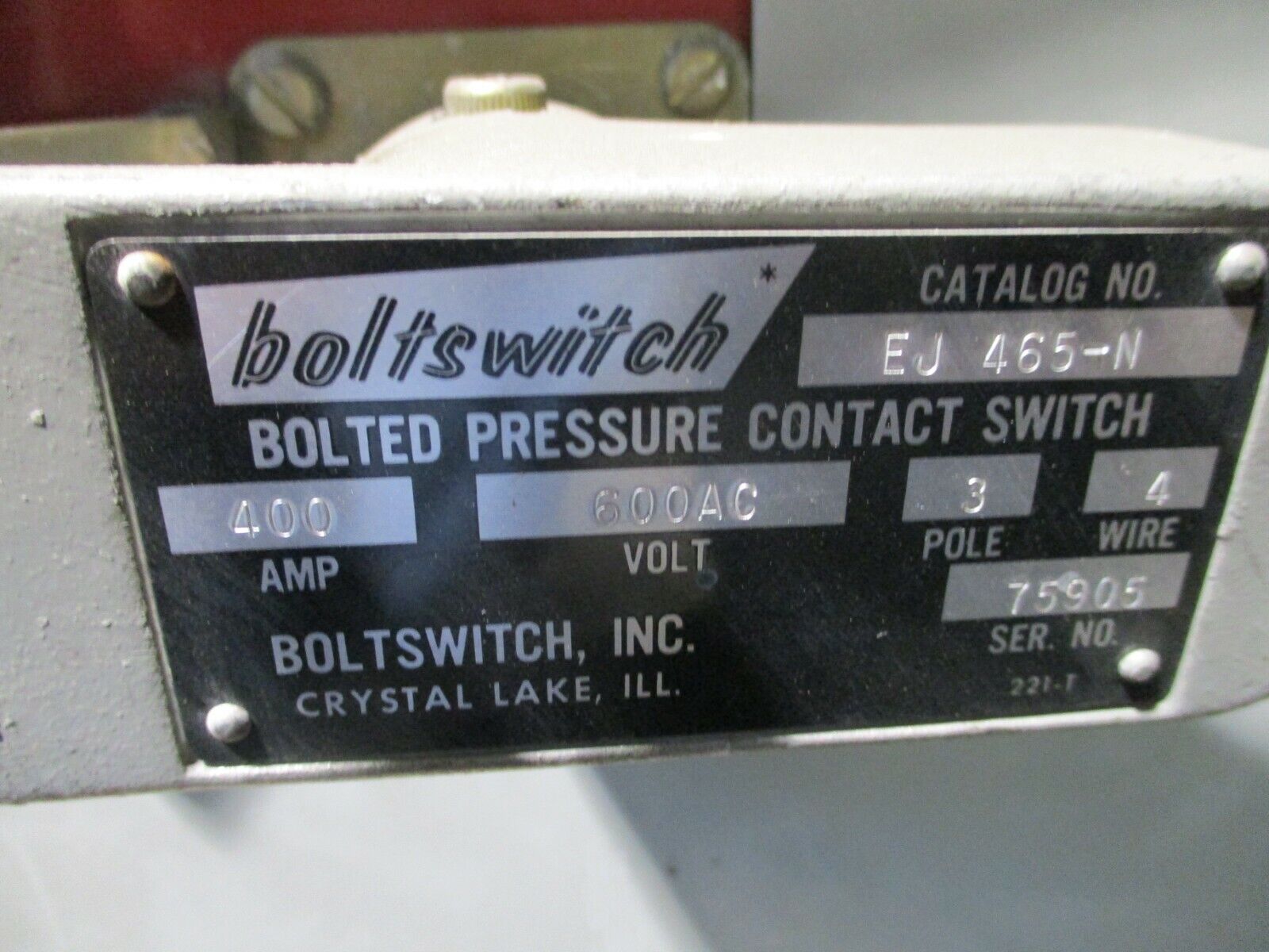 Boltswitch Enclosed Bolted Pressure Contact Switch EJ 465-N 400A 600V 3P 4W Used