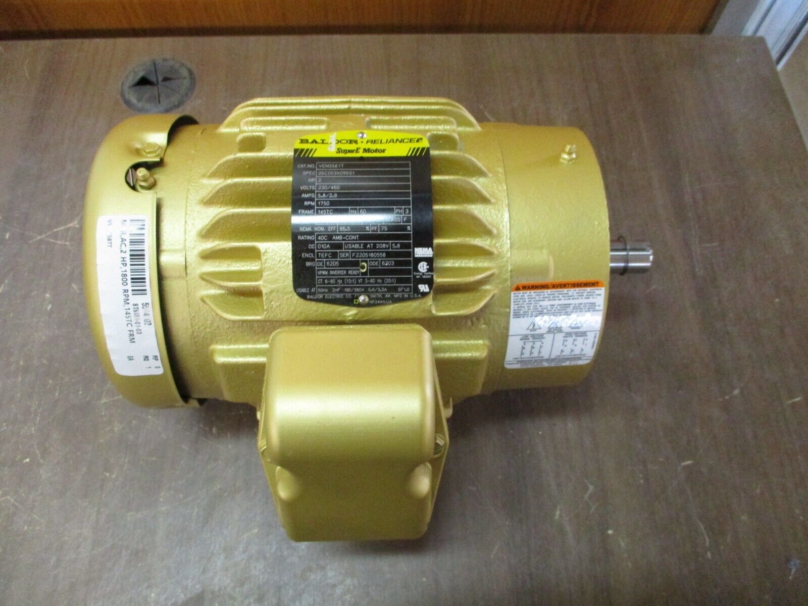 Baldor Motor VEM3587T 2HP 230/460V 5.8/2.9A 1800RPM 3Ph 60Hz New Surplus