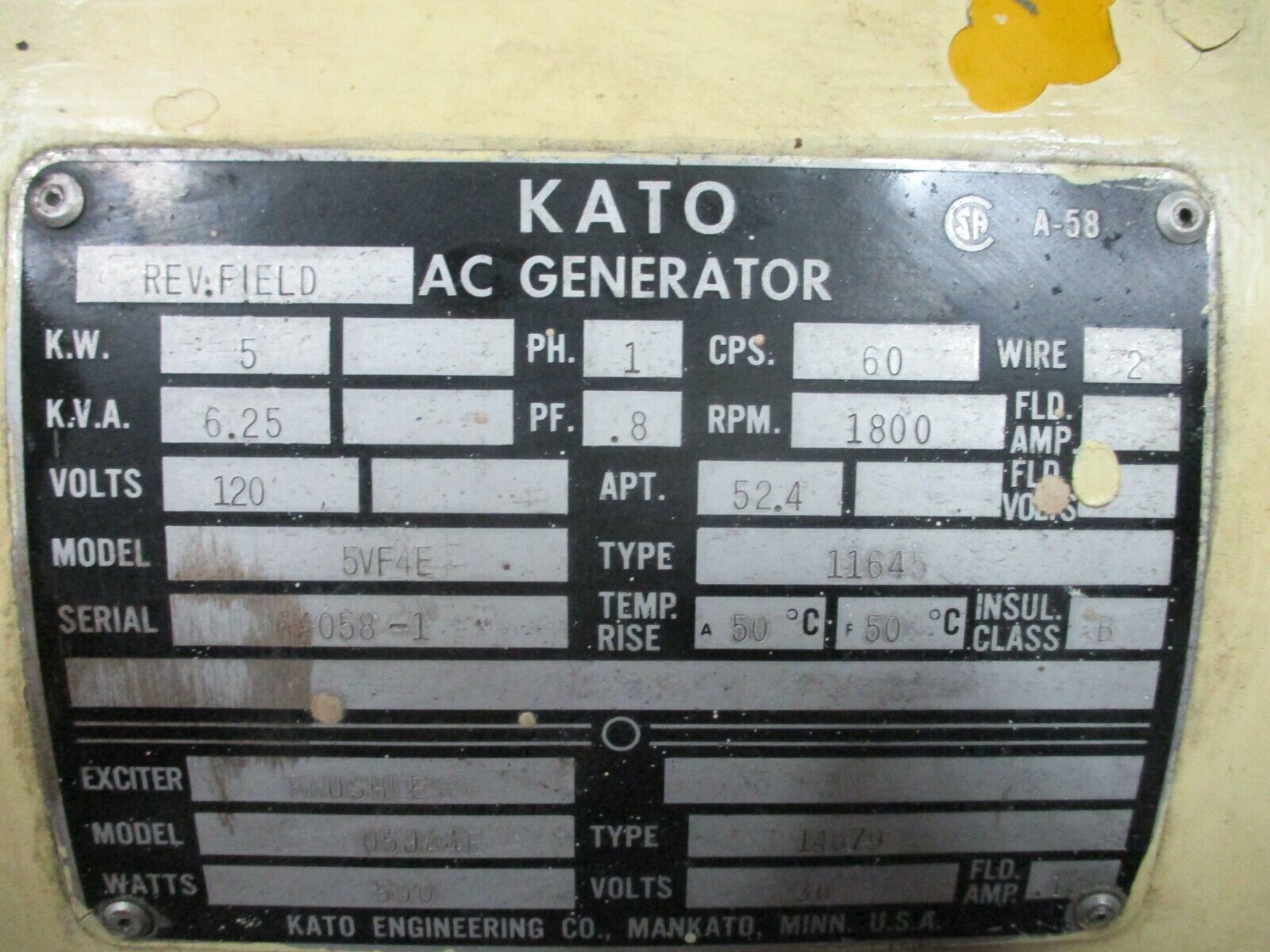 Kato AC Generator 5VF4E-11645 5kW 6.25kVA 120V 60Hz 1Ph 2W 1800RPM Used