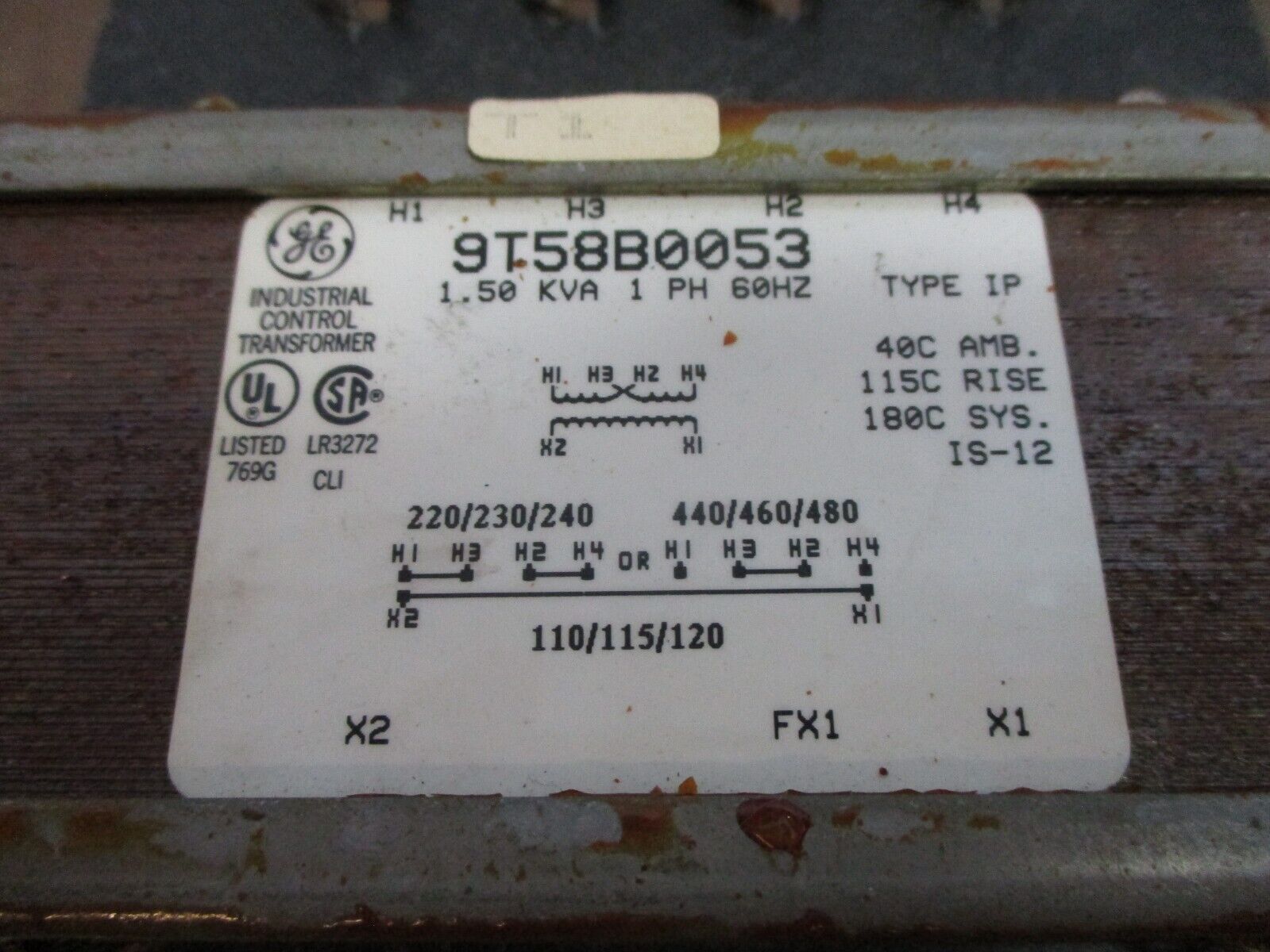 GE Control Transformer 9T58B0053 1.50kVA Pri: 240/480V Sec: 120V 1Ph 60Hz Used