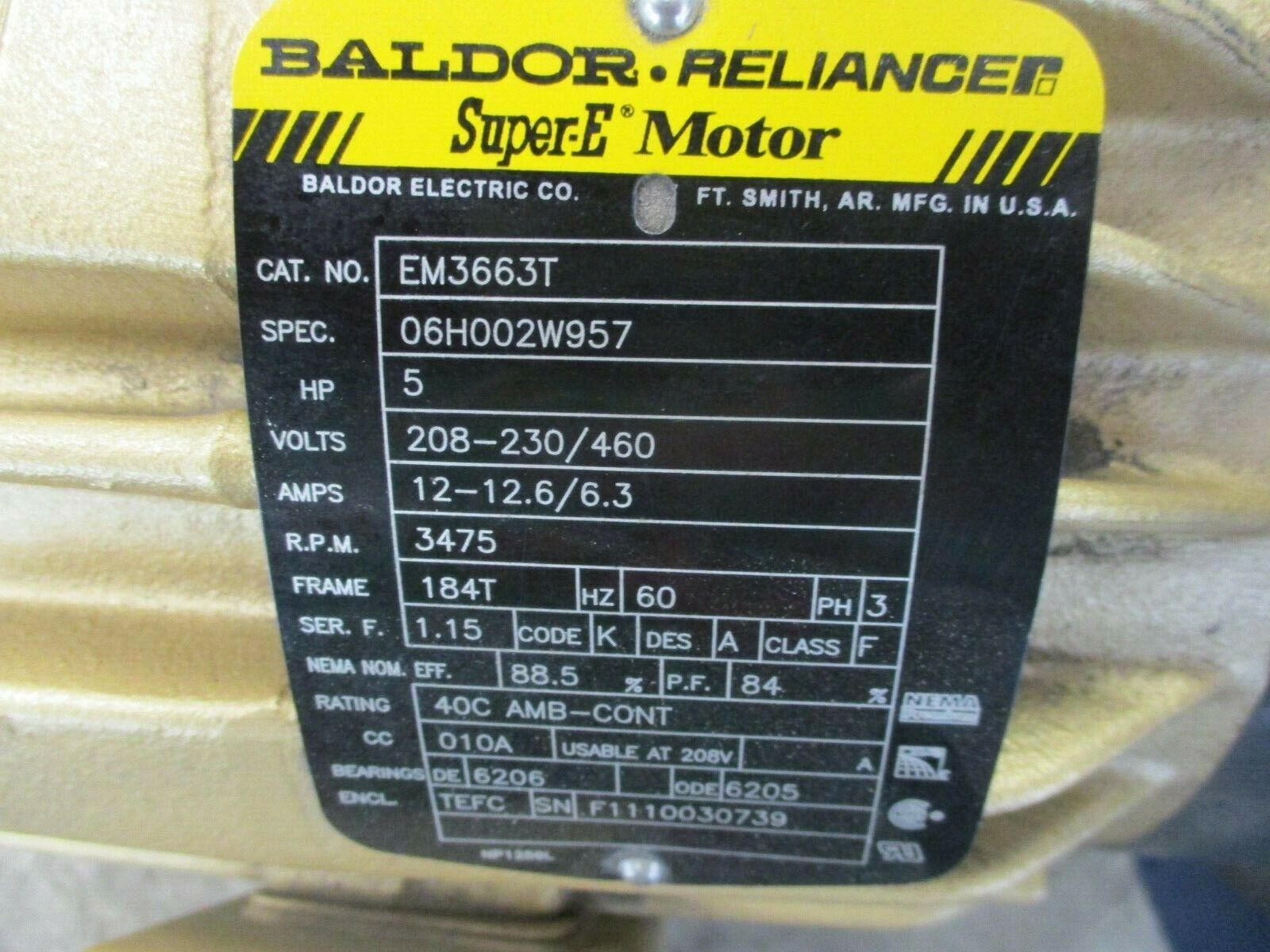 Baldor Reliance Super-E Motor EM3663T 5HP 3475RPM 208-230/460V Frame: 184T Used