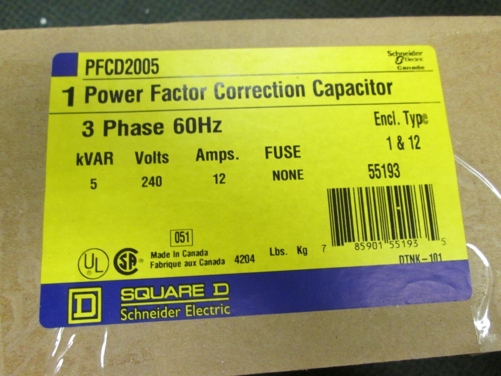 Square D Power Factor Correction Capacitor PFCD2005 5KVAR 240V 3Ph 60Hz Used