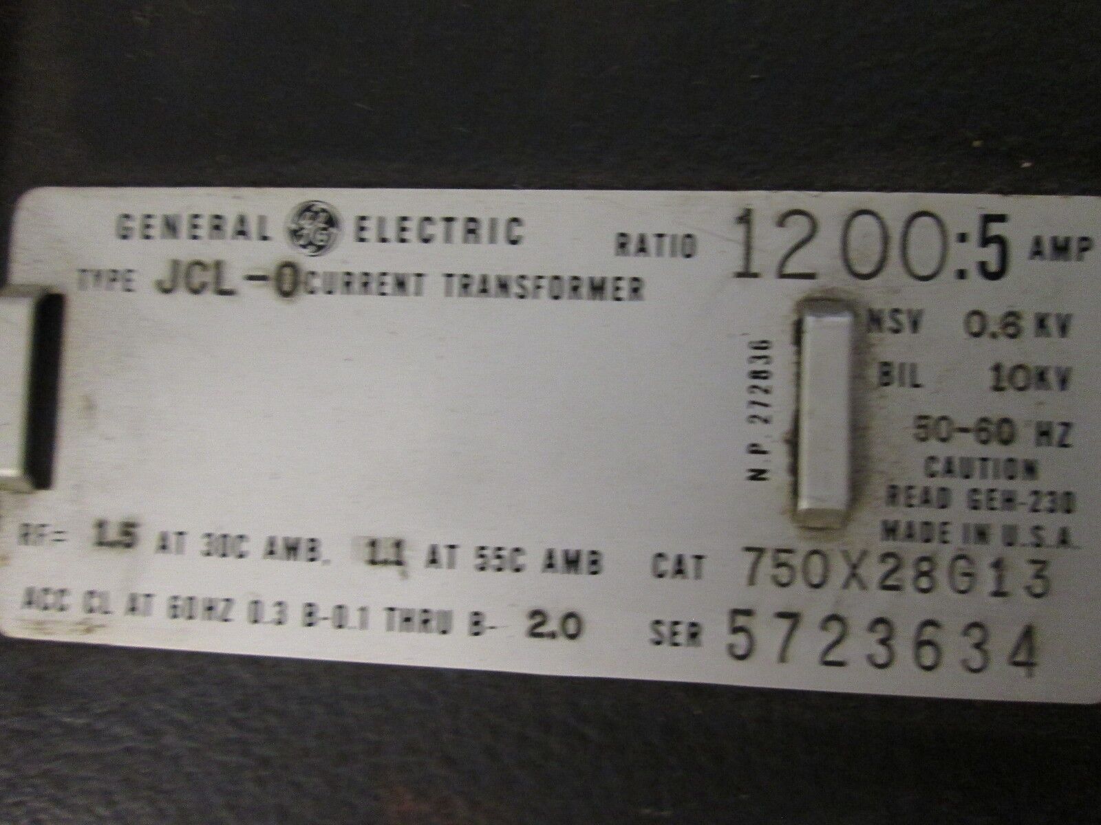 GE Current Transformer 750X28G13 Type: JCL-0 Ratio 1200:5 10KV BIL 50-60Hz Used