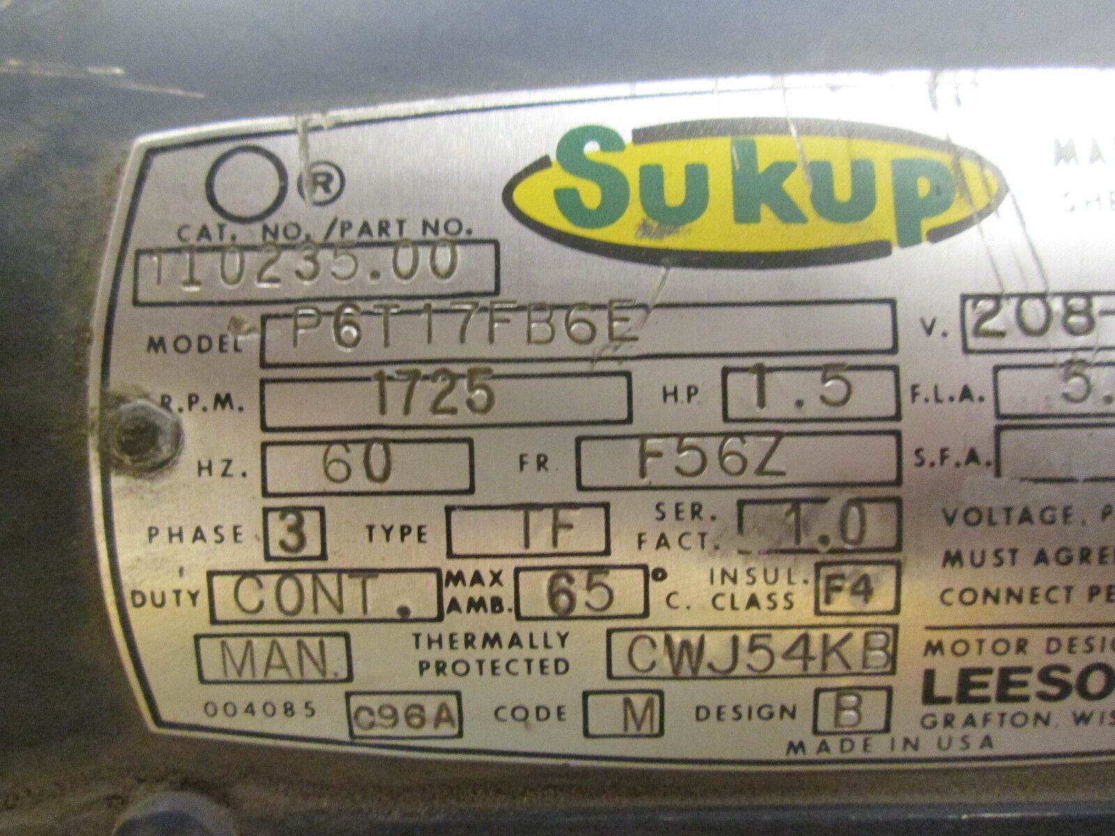 Sukup P6T17FB6E AC Motor 110235.00 1.5HP 1725RPM FR:F56Z ENCL:TEFC 3Ph Used