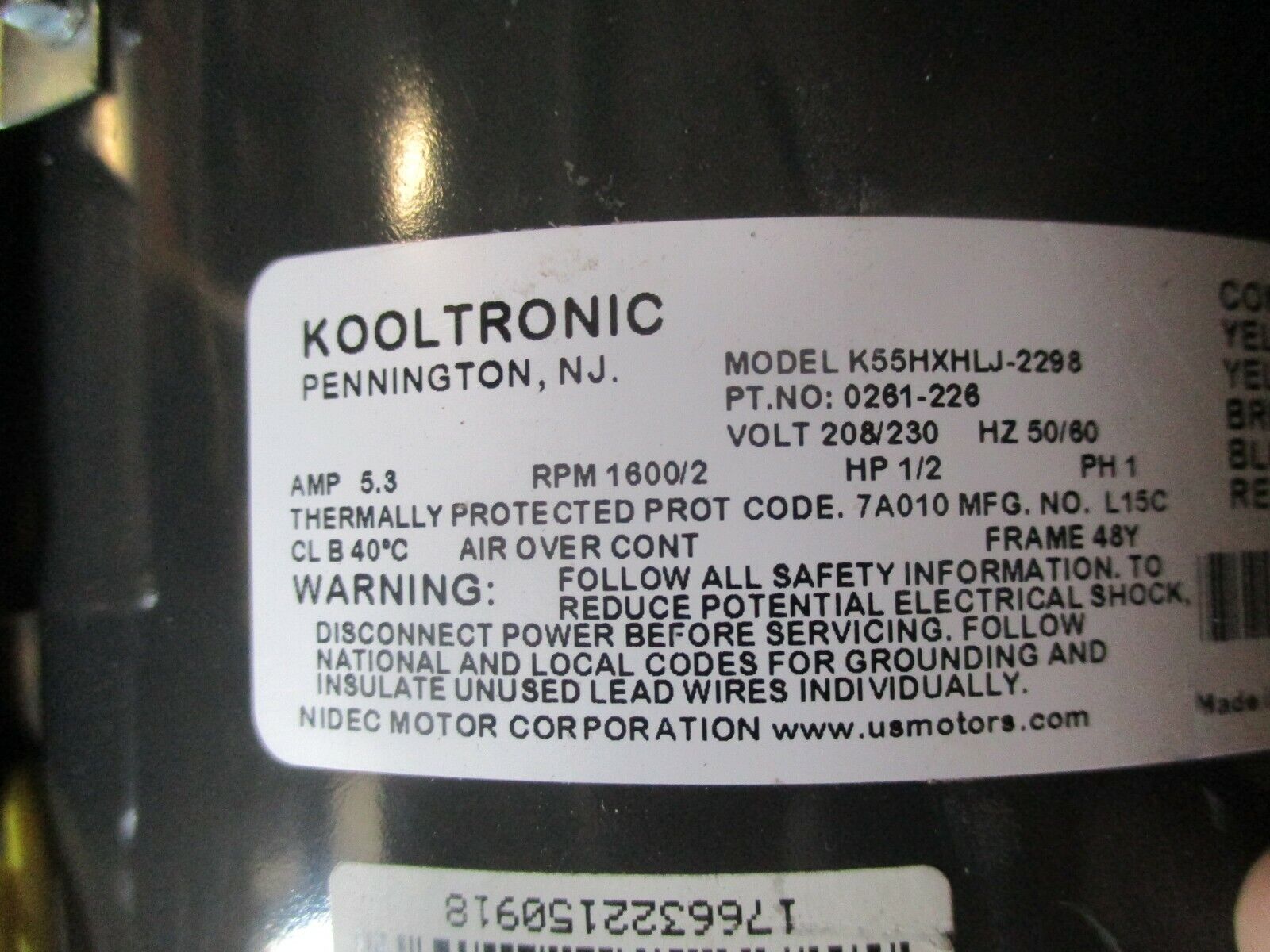 Kooltronic AC Motor K55HXHLJ-2298 1/2HP 1600RPM 208/230V 5.3A 50/60Hz 1Ph Used