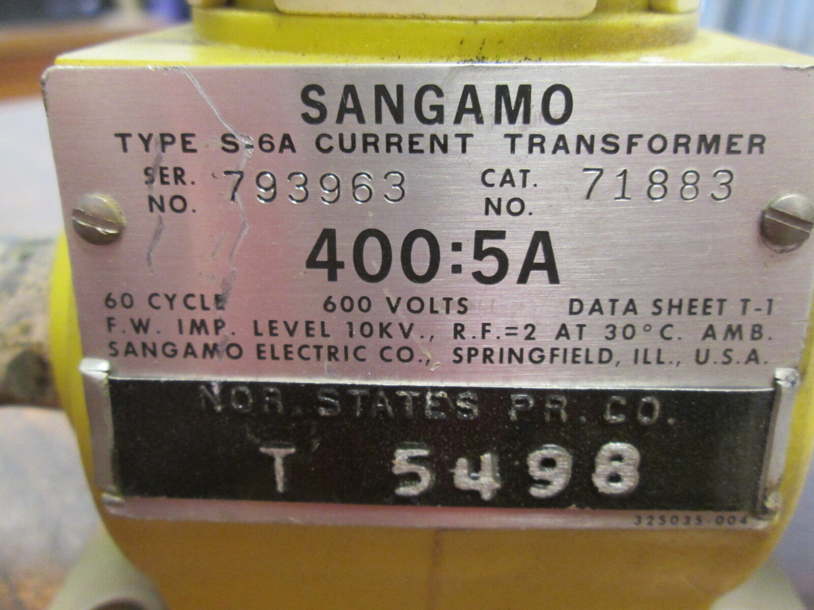 Sangamo Type S-6A Current Transformer 71883 Ratio 400:5A 600V 60Hz Used