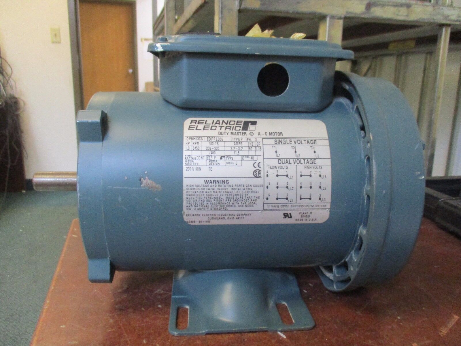 Reliance A-C Motor P56H1303V 1HP 3450RPM 208-230V 3.2-3.2/1.6A New Surplus