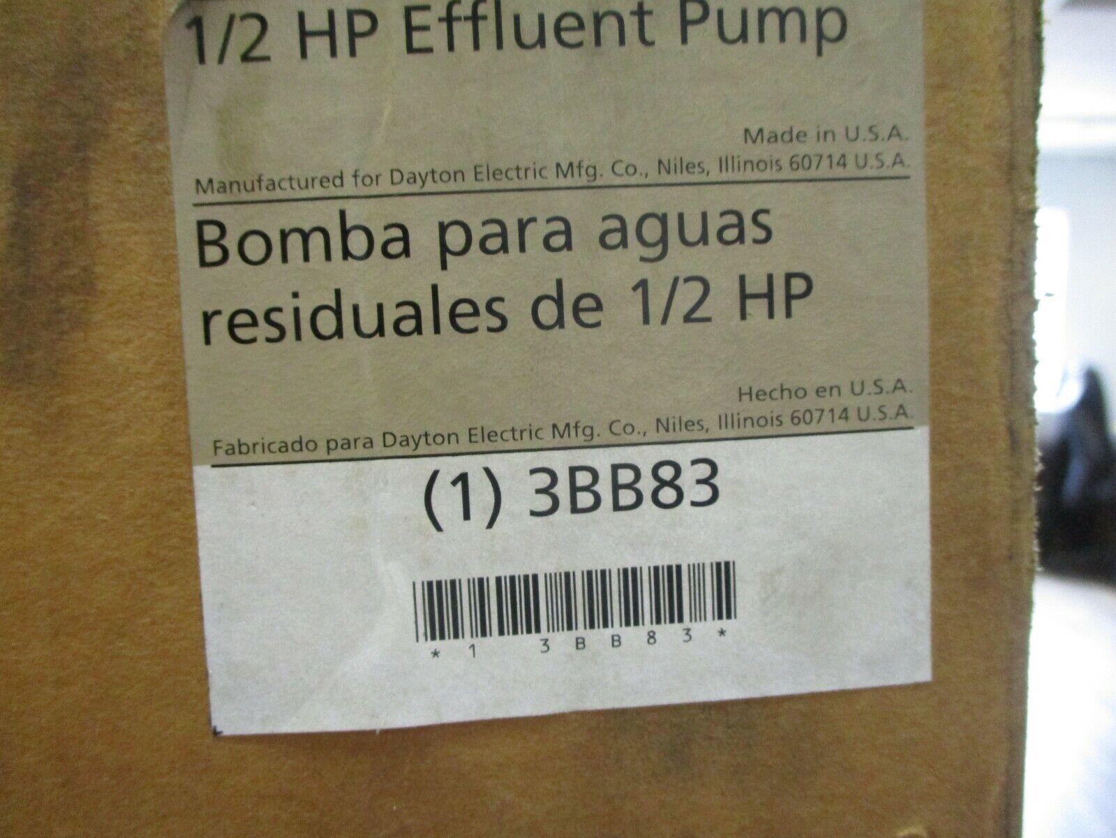 Dayton Effluent Pump 3BB83 1/2HP *Some Shelf Wear* New Surplus