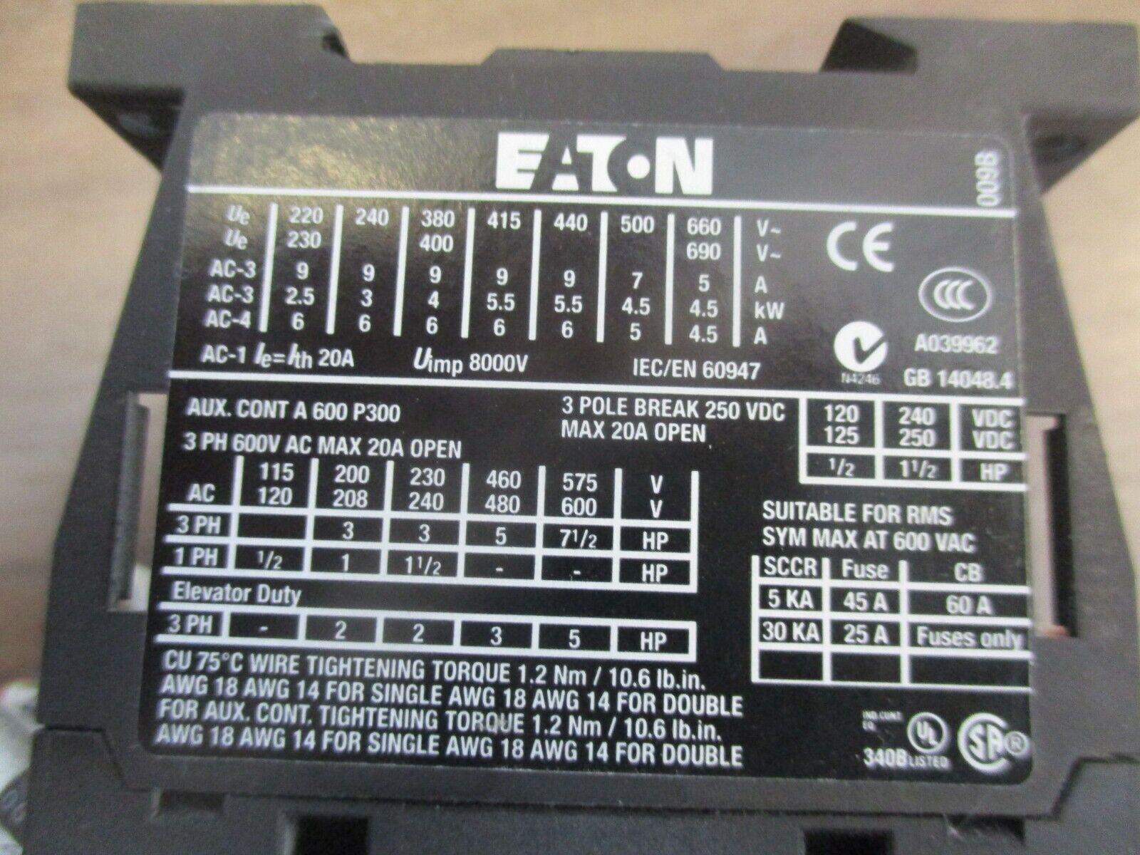 Eaton Contactor XTCE009B10 120V Coil 20A 600V Used