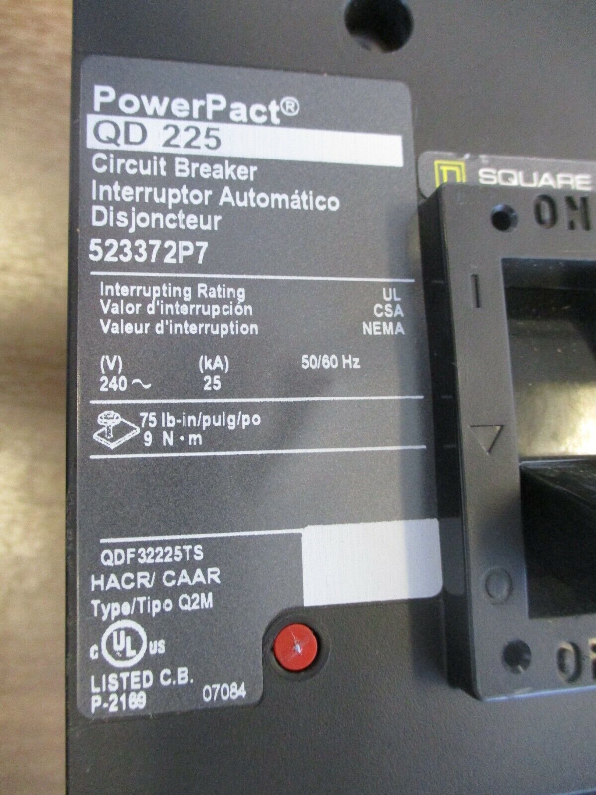 Square D PowerPact QD 225 Circuit Breaker QDF32225TS 225A 240V 3P Used