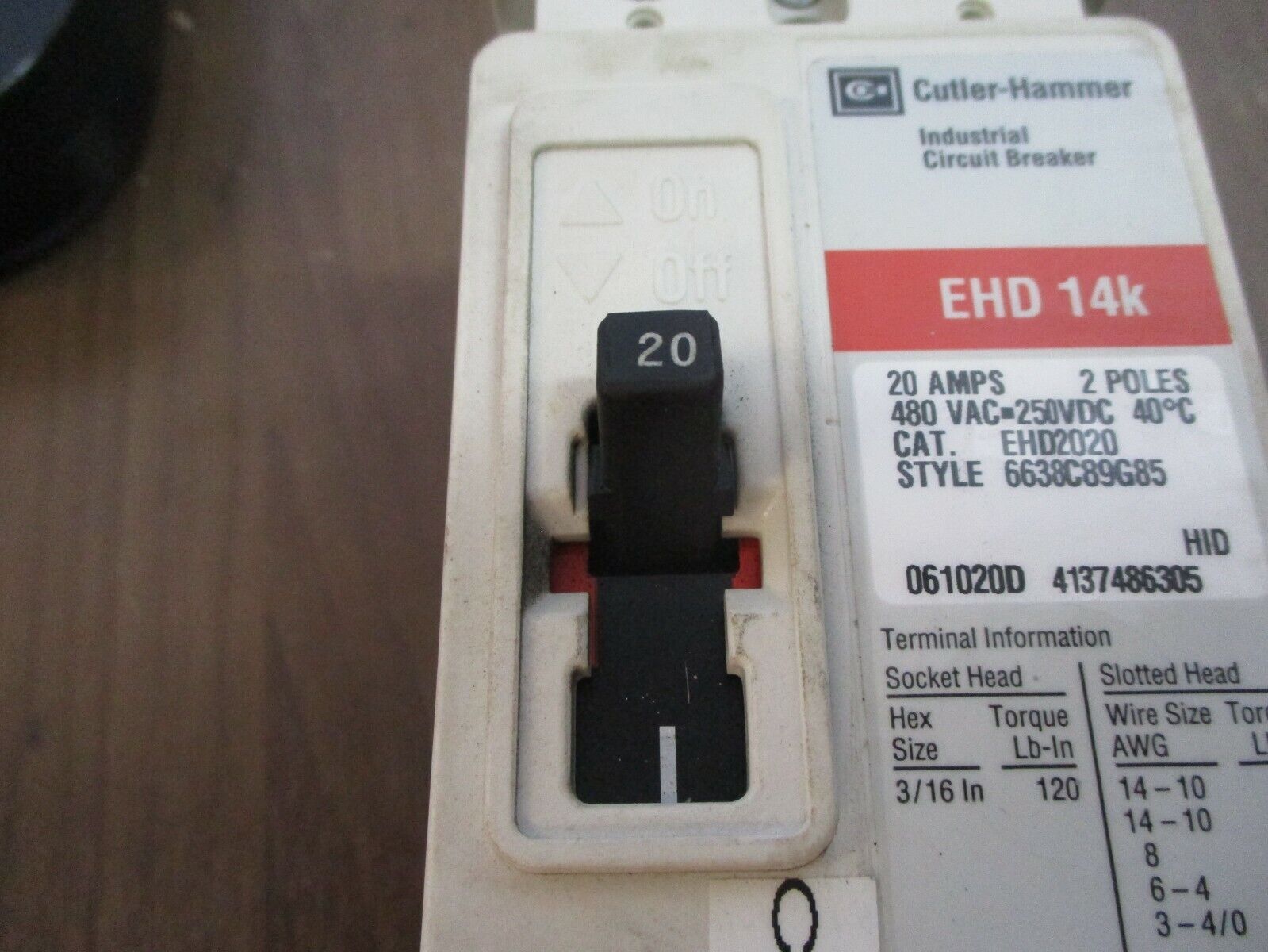 Cutler-Hammer EHD 14k Circuit Breaker EHD2020 20A 480V 2P Used