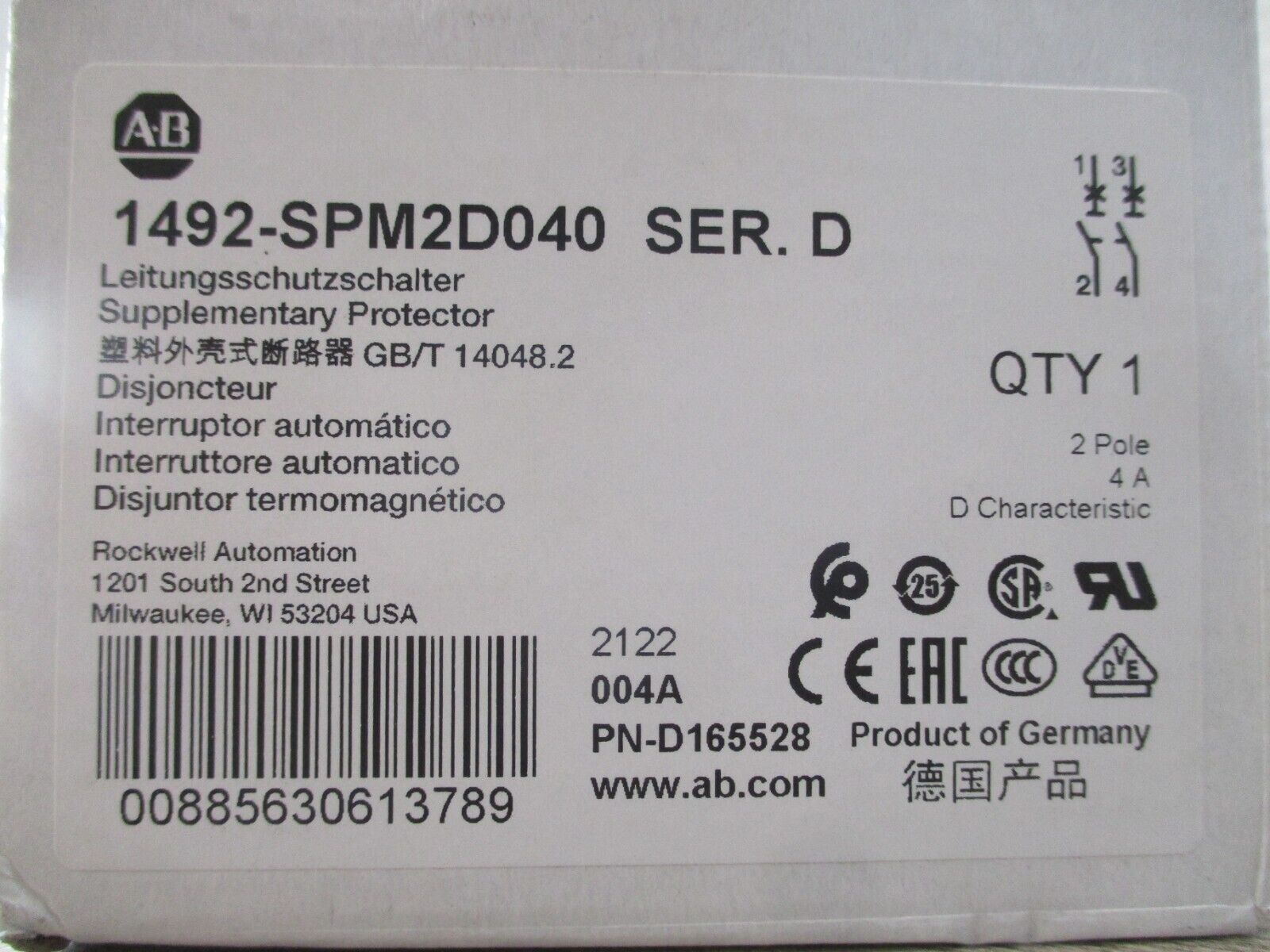 Allen-Bradley Supplementary Protector 1492-SPM2D040 Ser. D 4A 2P New Surplus