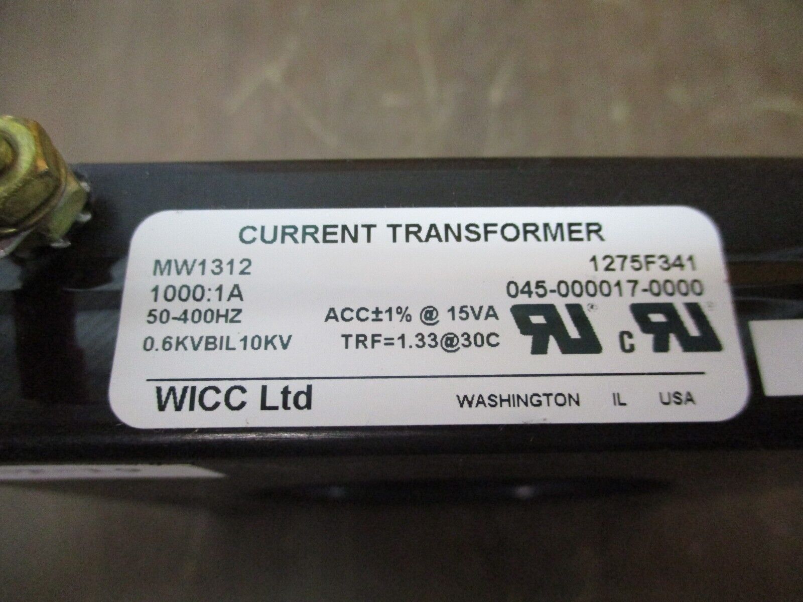 WICC Current Transformer MW1312 Ratio 1000:1A 600V 50-400 Hz Used