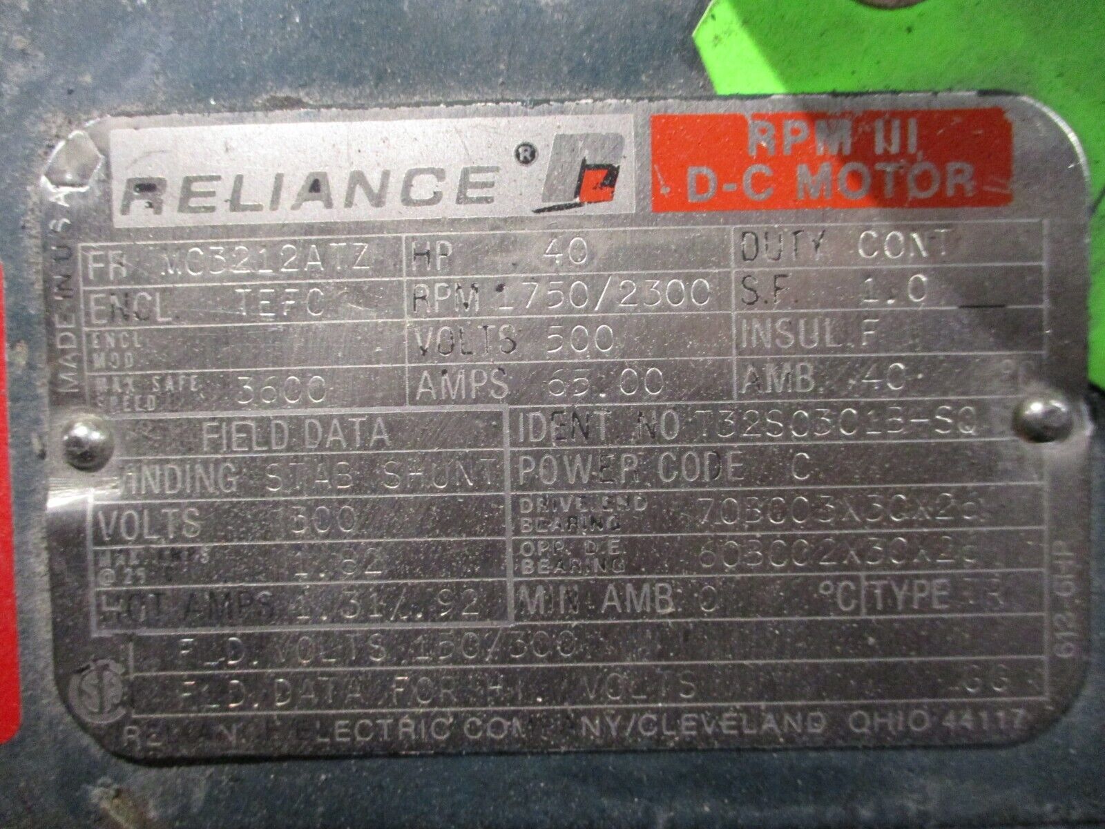 Reliance DC Motor 40HP 1800/2400RPM 500V 65A Used