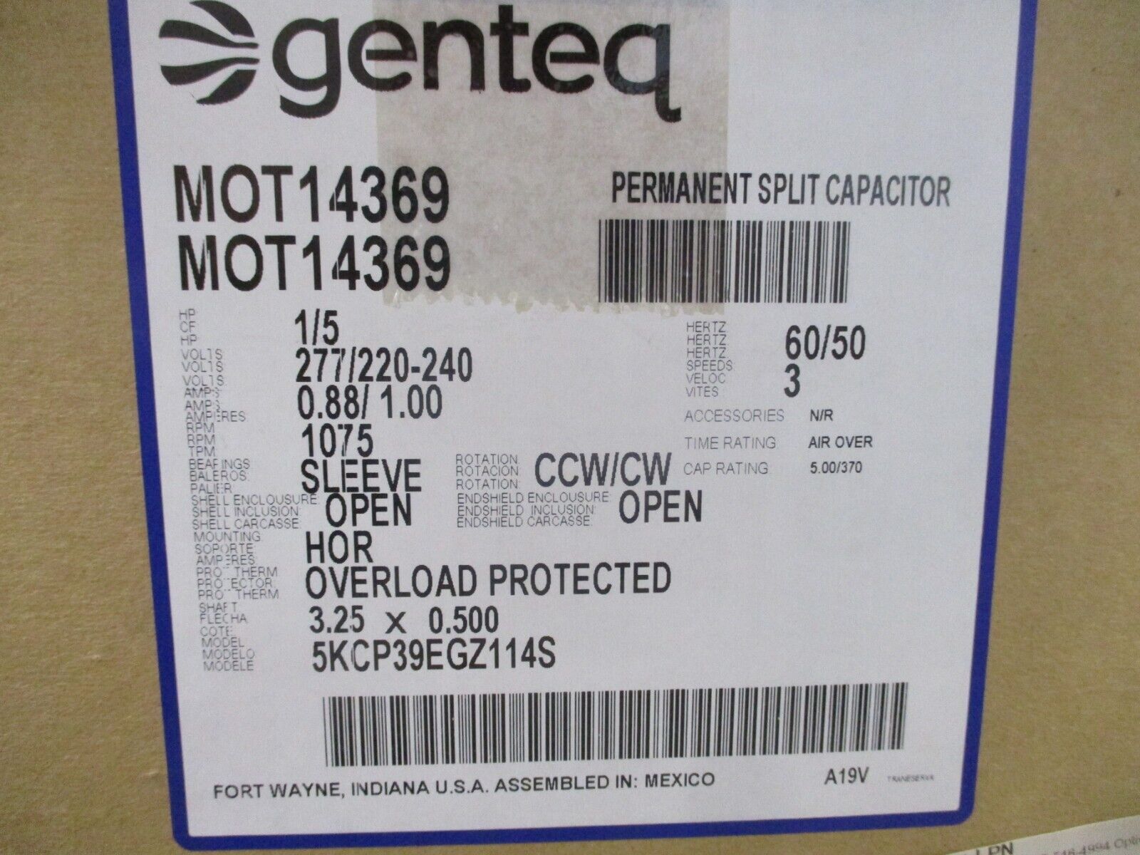 Genteq Permanit Split Capacitor MOT14369 277/220-240V .88/1.00A *New Surplus*