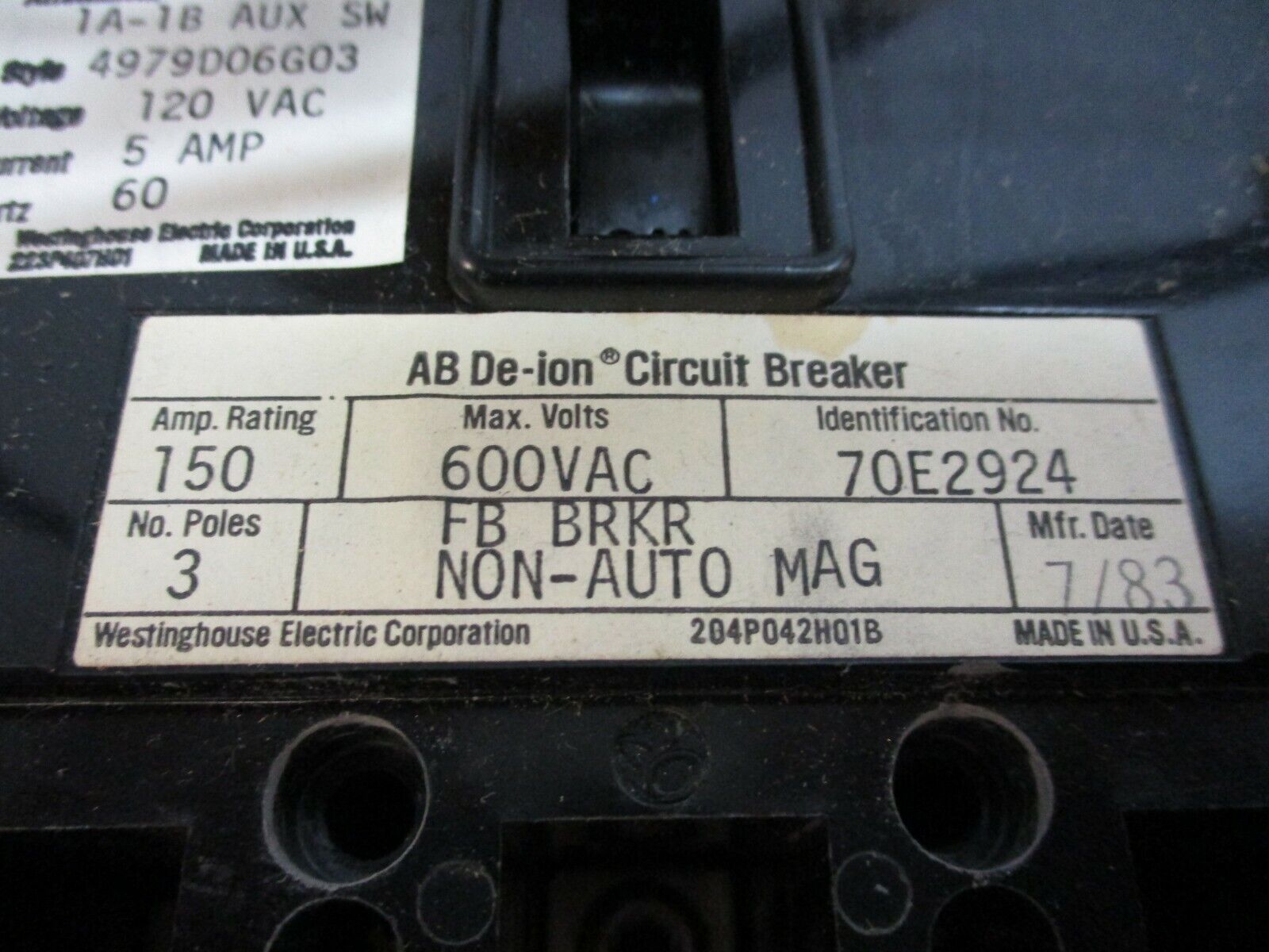 Westinghouse AB De-Ion Circuit Breaker 70E2924 150A 600V 3P Used