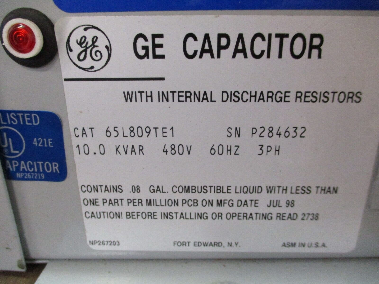 GE Capacitor 65L809TE1 10kVAR 480V 60Hz 3Ph *Broken Mounting Plate* Used