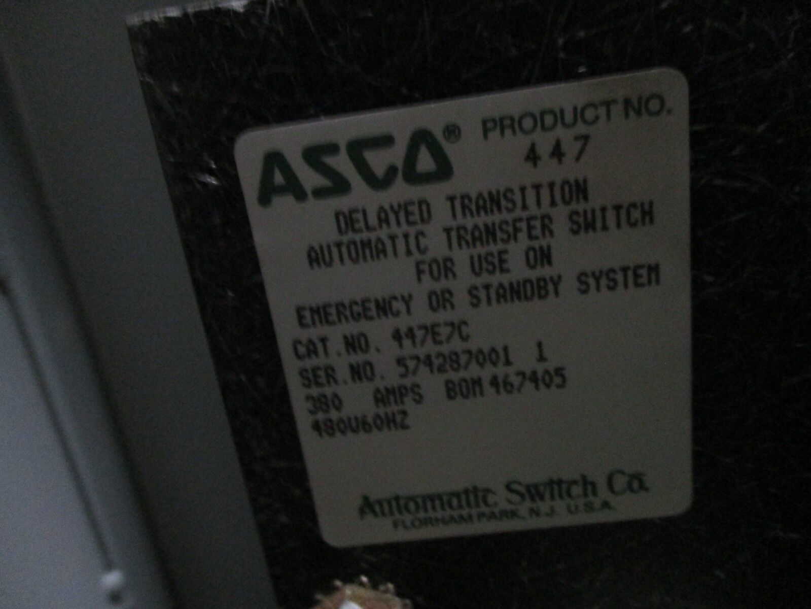 Asco Automatic Transfer Switch 447E7C 380A 480V 60Hz Used