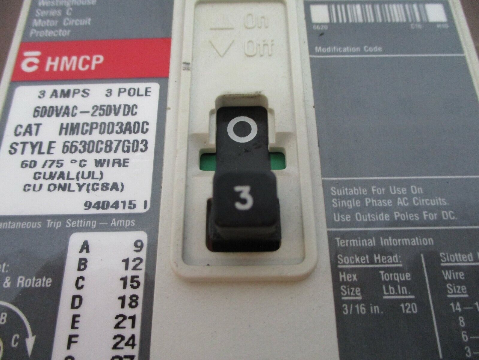 Westinghouse Circuit Breaker HMCP003A0C 3A 600V 3P Used